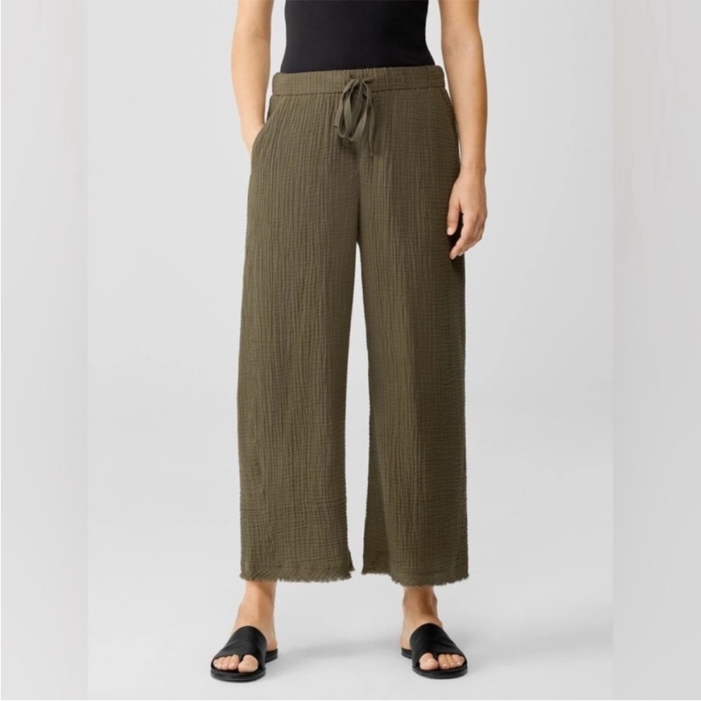 Eileen Fisher Organic Cotton Gauze Wide-Leg Cropped Pant in Olive Green XXS